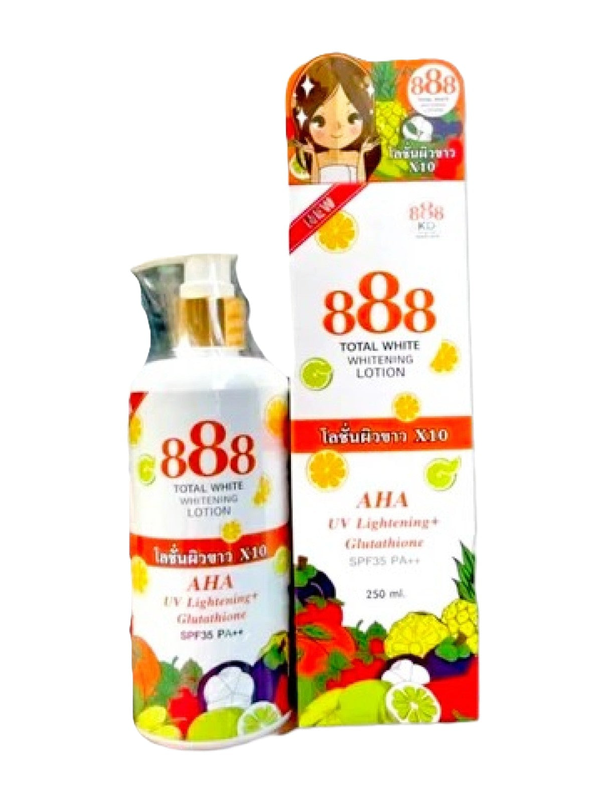 888 TOTAL WHITE WHITENING LOTION AHA UV LIGHTENING+ GLUTATHIONE SPF123.99 PA ++ 250ML Main image