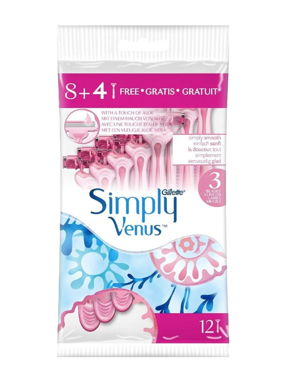 GILLETTE VENUS SIMPLY 3 WOMEN'S DISPOSABLE RAZOR 8+4 COUNT