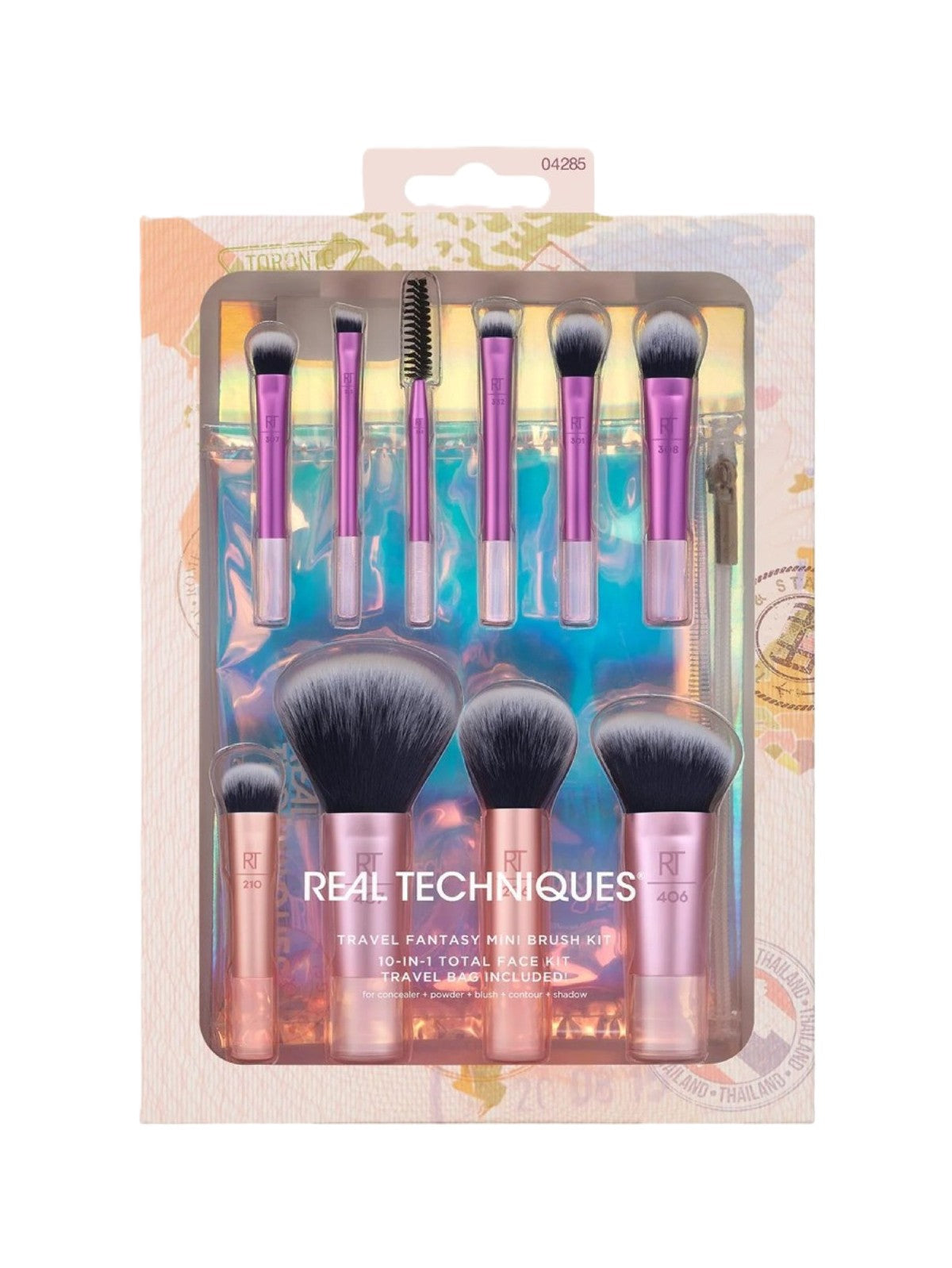 REAL TECHNIQUES TRAVEL FANTASY MINI BRUSH KIT 10 IN 1 TOTAL FACE KIT TRAVEL BAG INCLUDED