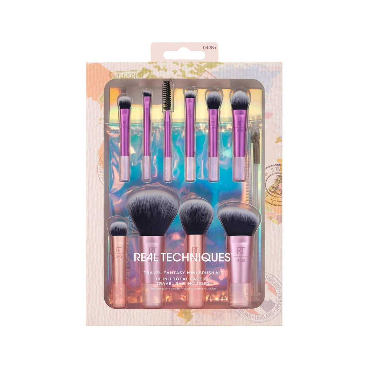 REAL TECHNIQUES TRAVEL FANTASY MINI BRUSH KIT 10 IN 1 TOTAL FACE KIT TRAVEL BAG INCLUDED