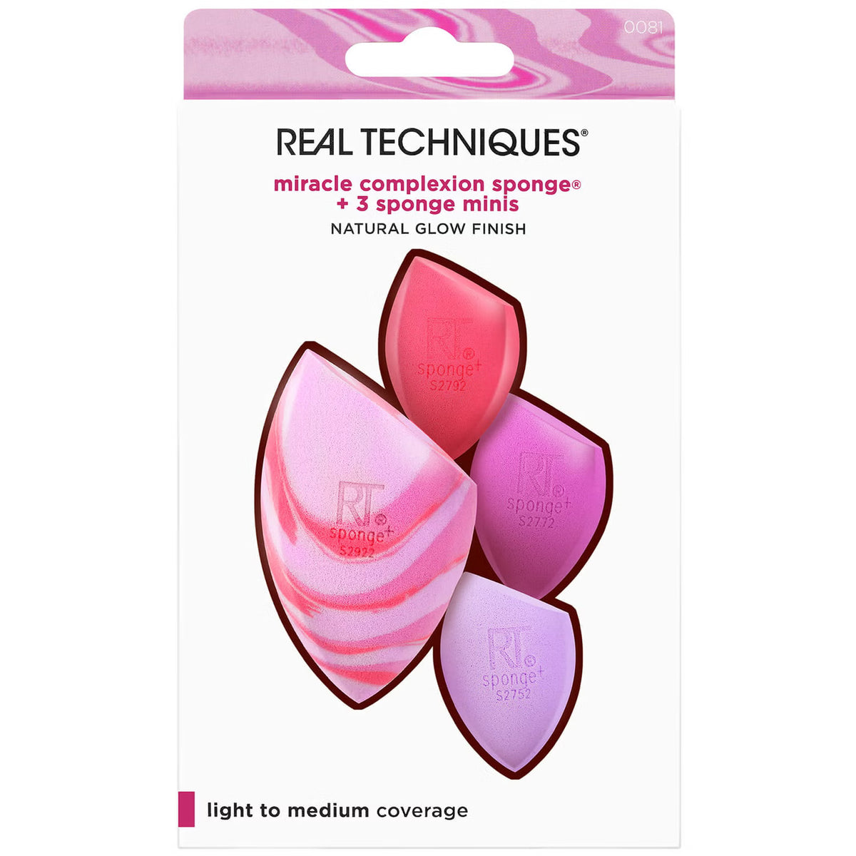 REAL TECHNIQUES MIRACLE COMPLEXION SPONGE + 3 SPONGE MINIS NATURAL GLOW FINISH LIGHT TO MEDIUM COVERAGE 0081