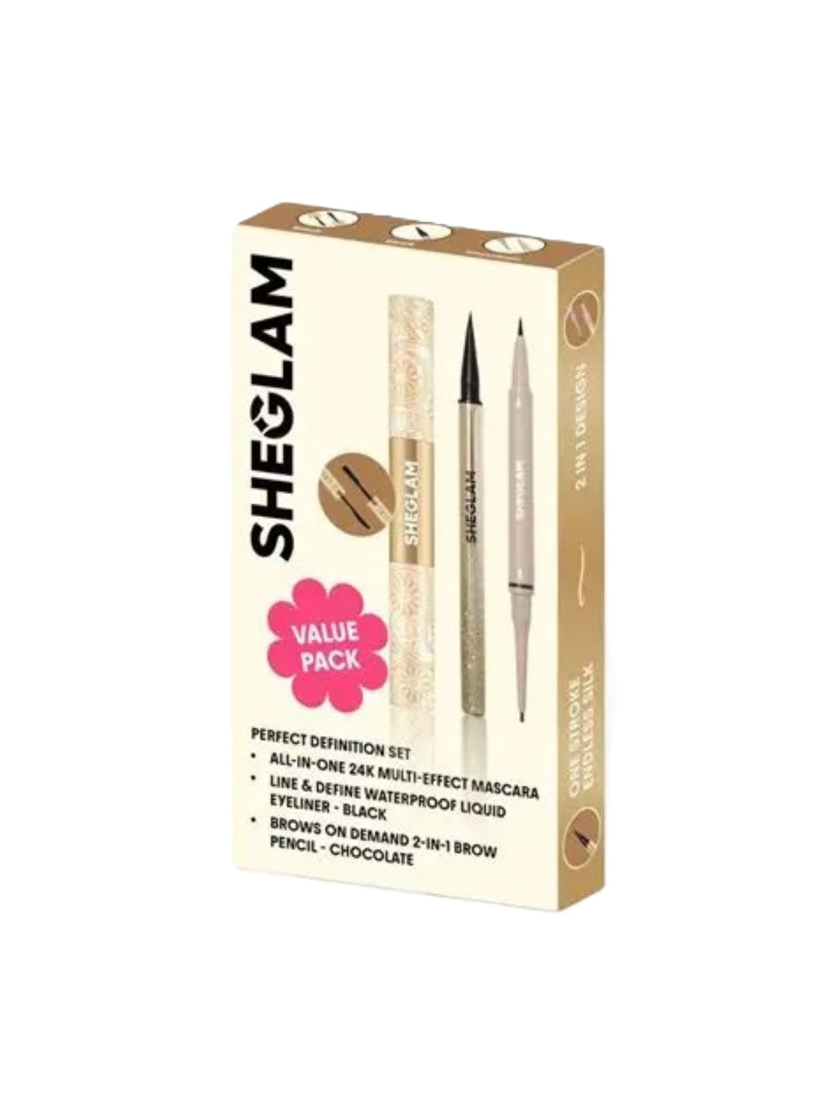 SHEGLAM VALUE PACK BROWS ON DEMAND 2-IN-1 BROW PENCIL - CHOCOLATE + ALL-IN-ONE 24K MULTI-EFFECT MASCARA Main image