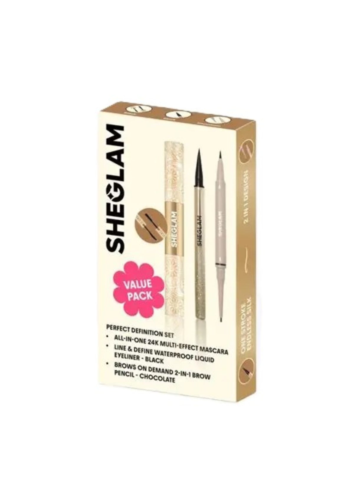 SHEGLAM VALUE PACK BROWS ON DEMAND 2-IN-1 BROW PENCIL - CHOCOLATE + ALL-IN-ONE 24K MULTI-EFFECT MASCARA Main image